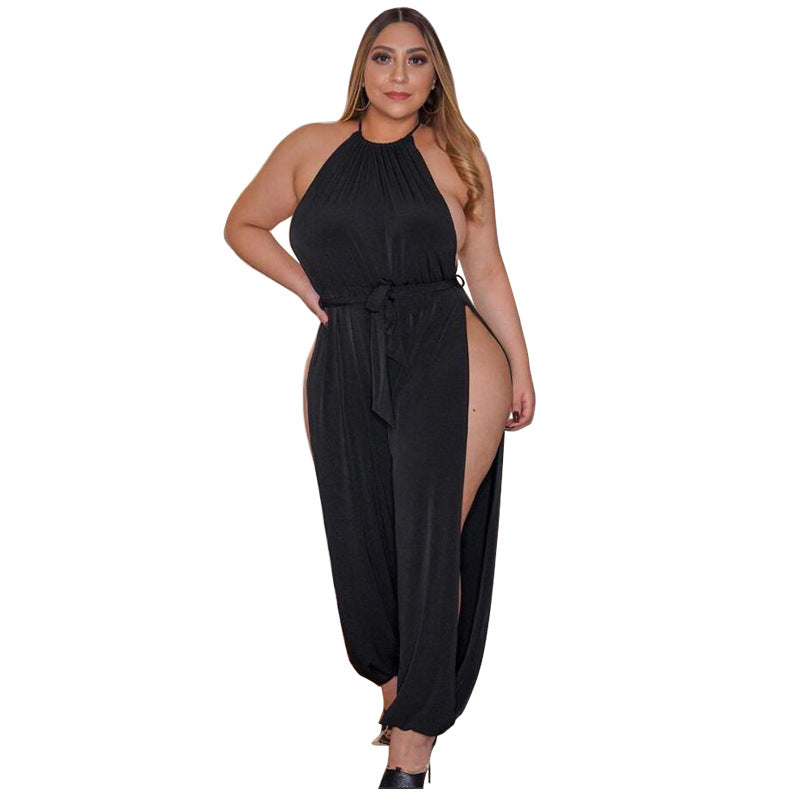 Plus Size Women Clothes Slit Wide Leg Lace-up Sleeveless Nightclub Sexy Jumpsuit