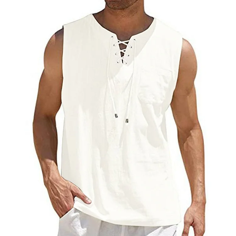 Men's Linen Loose Lace-Up Sleeveless Tank Top 29715298M