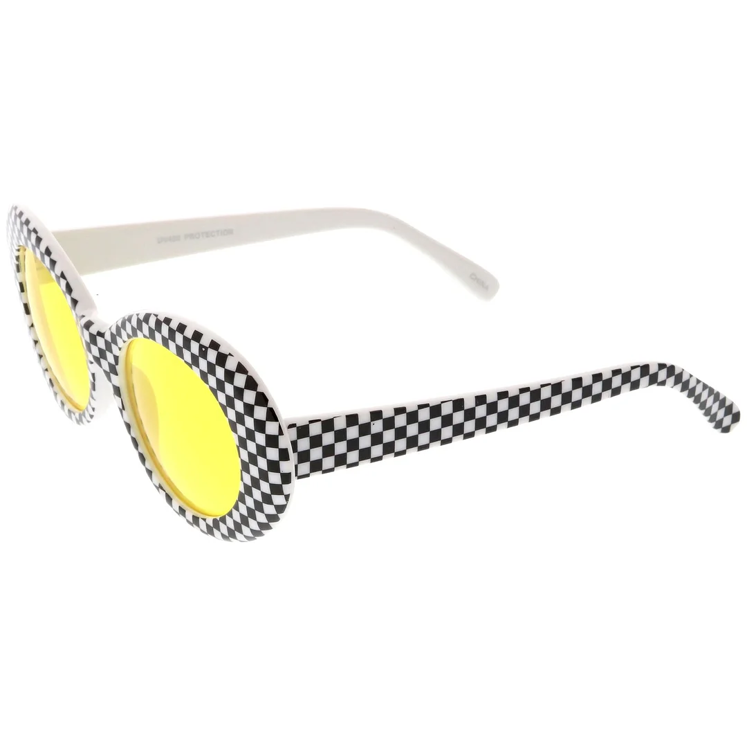 Large Retro Checkered Oval glasses Thick Frame Colored Lens Wide Arms 53mm