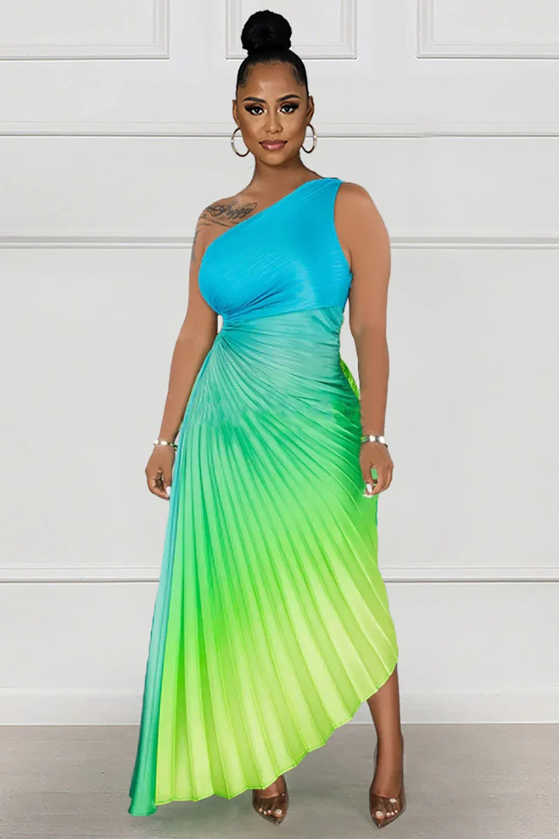 Fading Color One Shoulder Sleeveless Asymmetric Pleated Hem Vacation Maxi Dresses