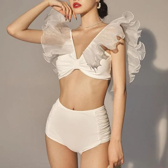 Flaxmaker White Net Yarn Ruffle High Waist Bikini Swimsuit