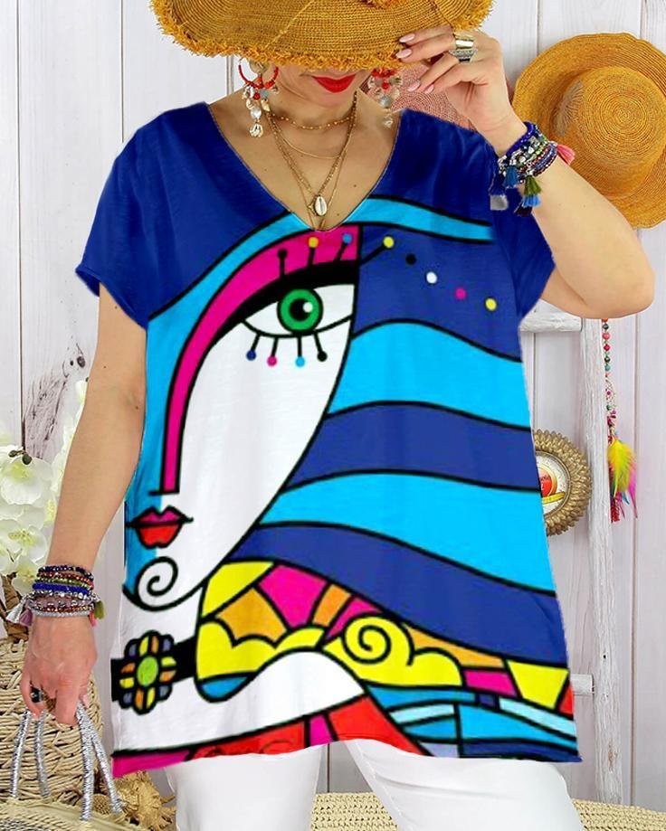 Vintage Abstract Painting Print Casual Short-Sleeved T-Shirt