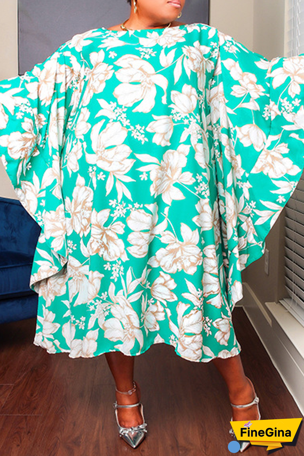 Cyan Casual Sweet Street Floral Patchwork O Neck Irregular Dress Plus Size Dresses