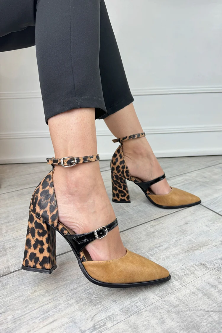 Leopard Print Colorblock Pointed Toe Chunky Heels [Pre Order]