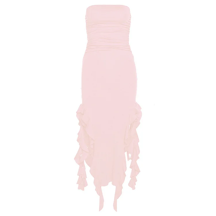Asymmetric Bodycon Strapless Dress with Irregular Hem and Side Slit
