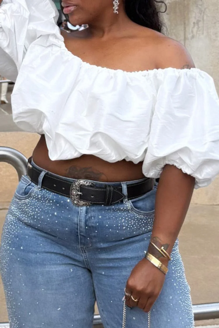 Plus Size Vacation White Off The Shoulder Lantern Sleeve Short Sleeve Ruffle Casual Blouses [Pre-Order] 2024 - Xpluswear