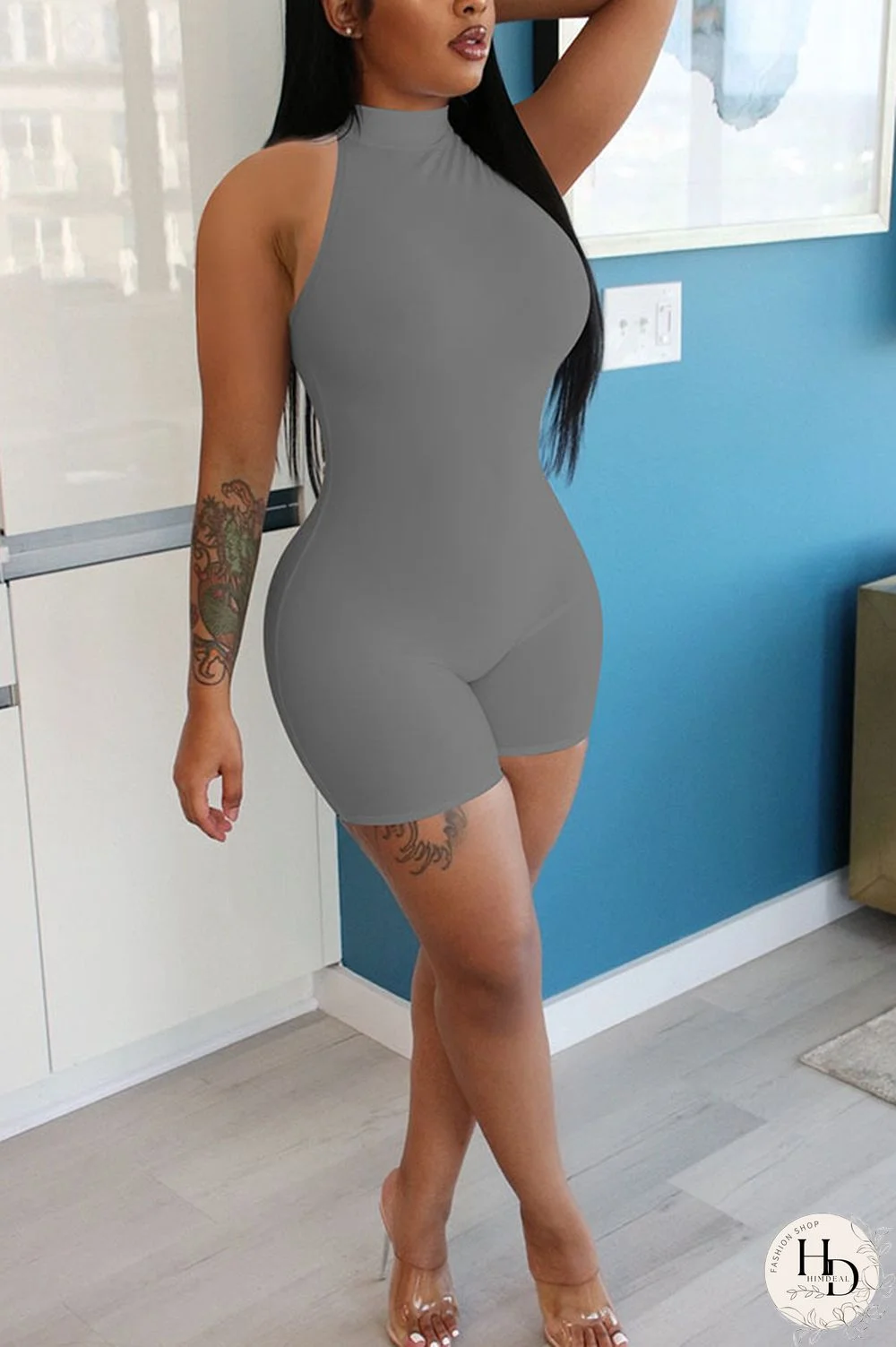 Blue Fashion street Solid Milk. Sleeveless O Neck Jumpsuits