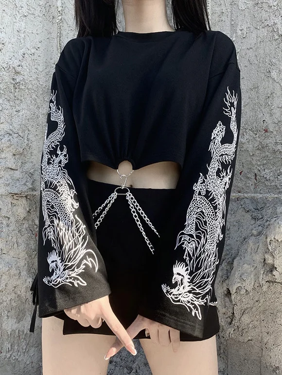 Black Gothic Long Sleeves Retro Tops Novameme