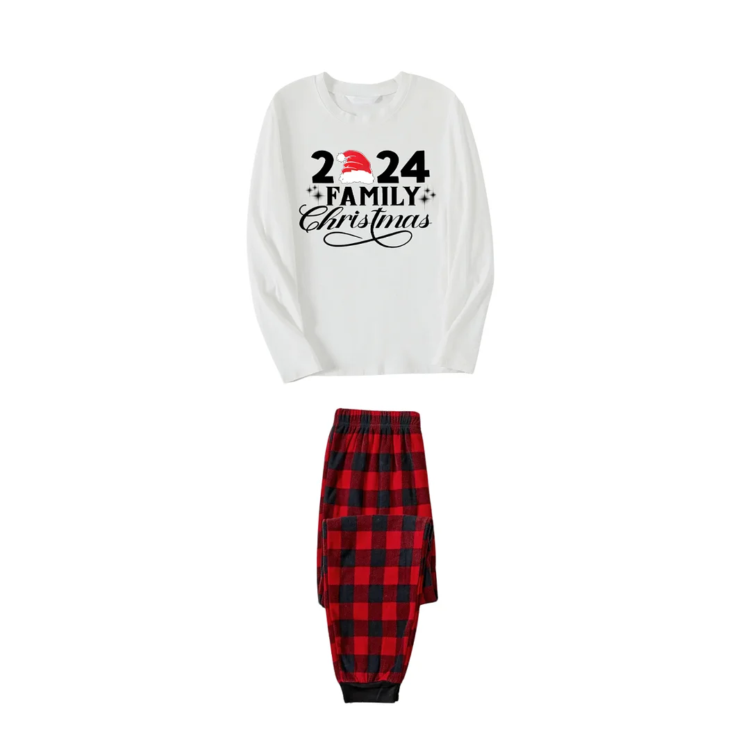 "Family Christmas 2024" and Santa Hat Printed Red & Black Plaid Family Matching Pajamas