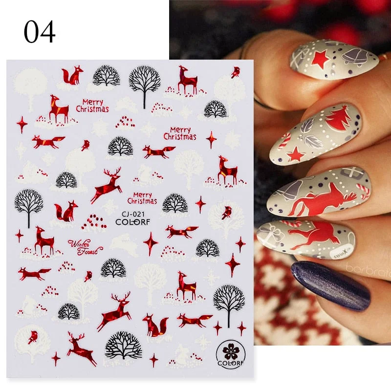 Winter Xmas 3D Nail Sticker Christmas Elk Santa Snowflake Rabbit Cartoon Slider Design Polish Nails Decals Nail Art DIY Decor-Nail Inspo