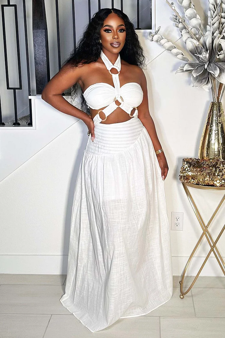 Halter O-Ring Patchwork Crop Top Semi-Fitted Maxi Skirt 2pcs Set-White