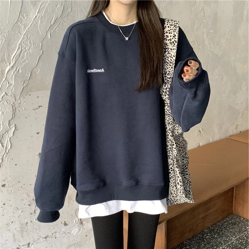 2021 Splicing Pullover Women Autumn Winter Fleece Thick Korean Version Oversized Hoodies O Neck Long Sleeve Girl Sweatshirt