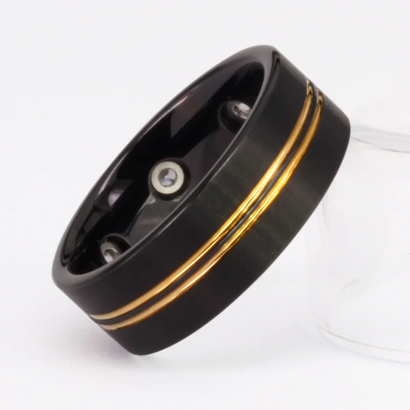 8MM Women's Or Men's Black Flat Tungsten Carbide Rings with Gold Grooved and Zircon Inlay