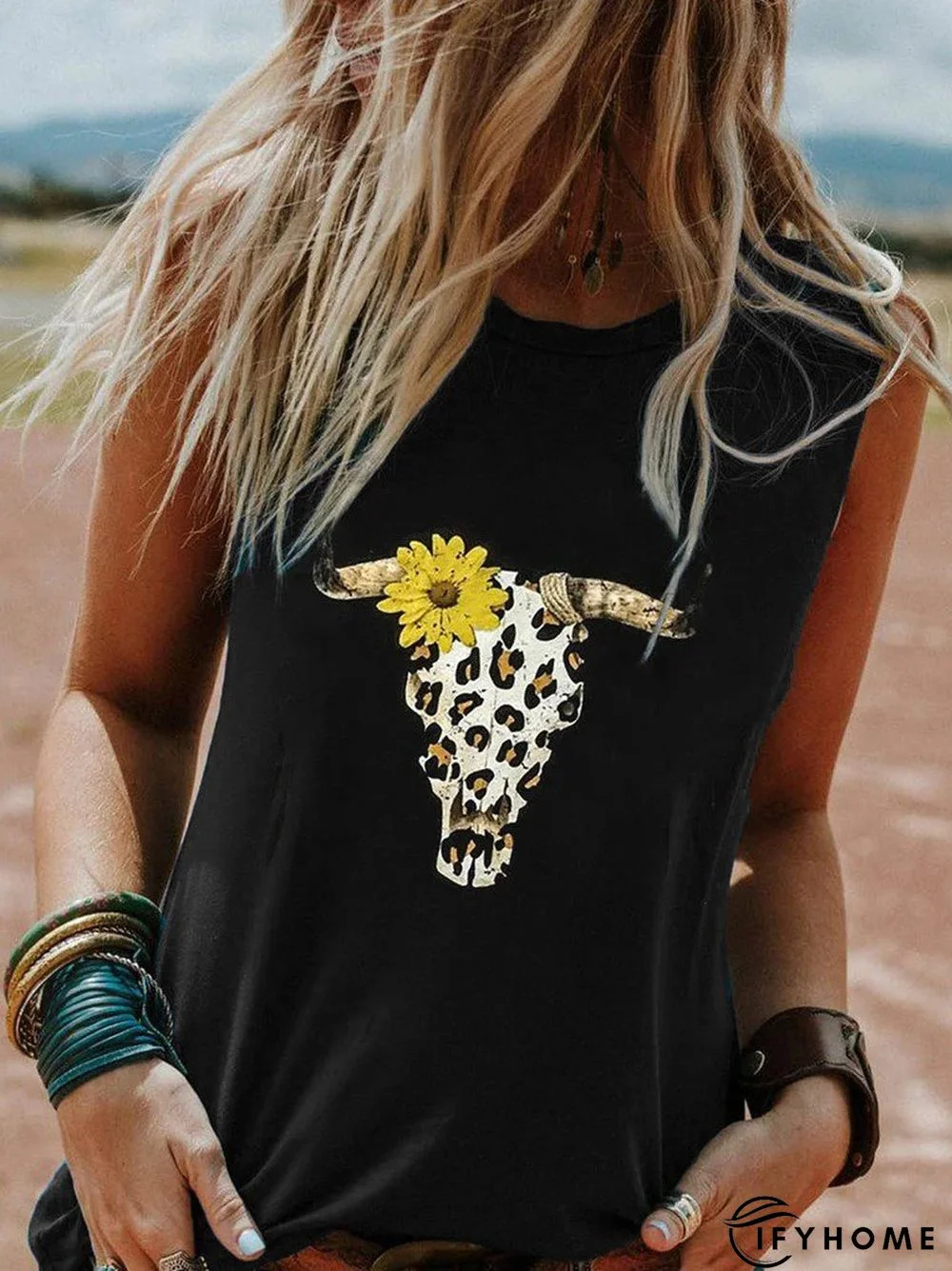 Black Club Beach Holiday Daily Animal Printed Casual Sleeveless Shift Crew Neck Tanks & Camis | IFYHOME