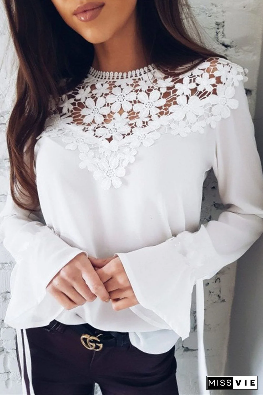 Lace Patchwork Chiffon Solid Blouse
