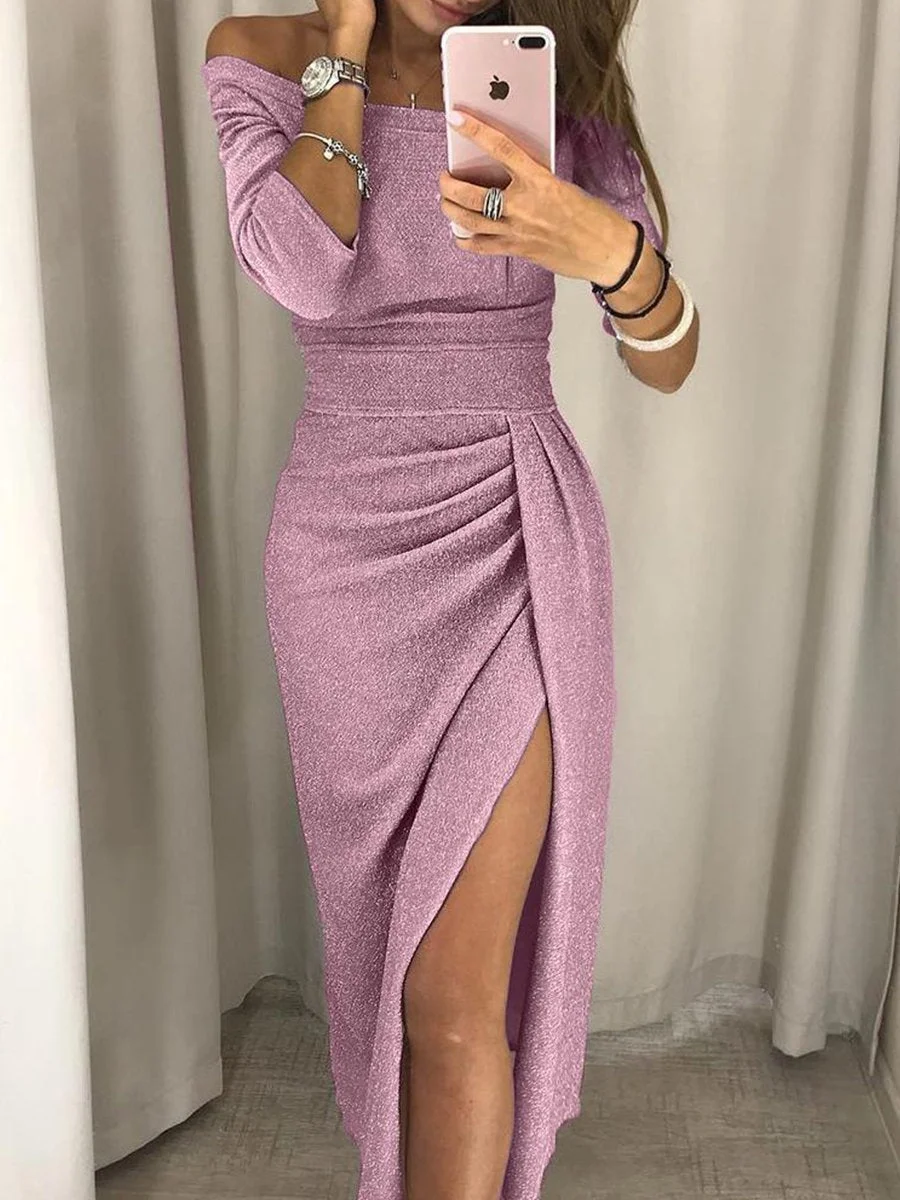 Fashion Off Shoulder Solid Color Bodycon Maxi Dress