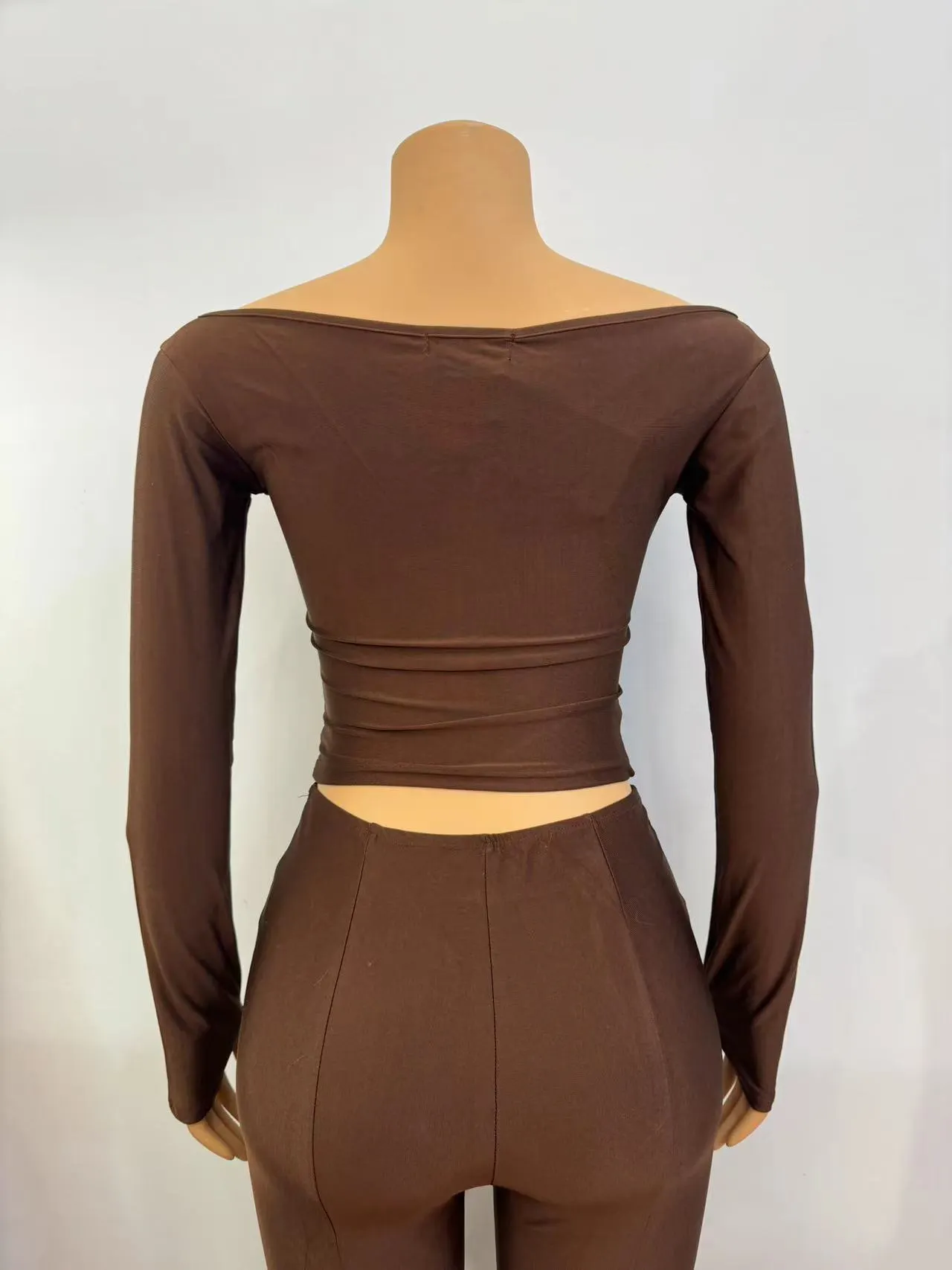 Women Solid v-neck sexy long-sleeved Top And trousers two-piece set