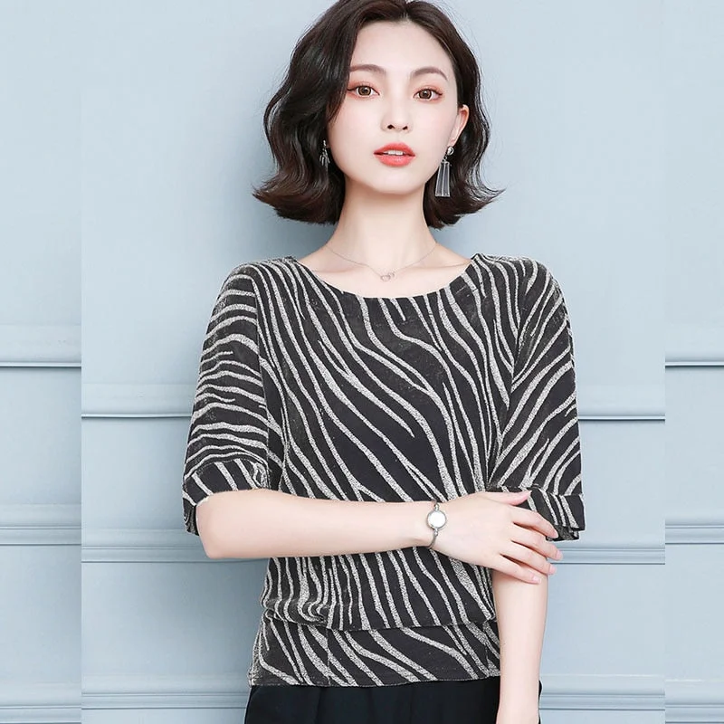 2021 Spring and Summer New Women's Striped Office Lady Style Short Sleeve Blouse Plus Size 4XL Women Base Shirt Blusas 10365