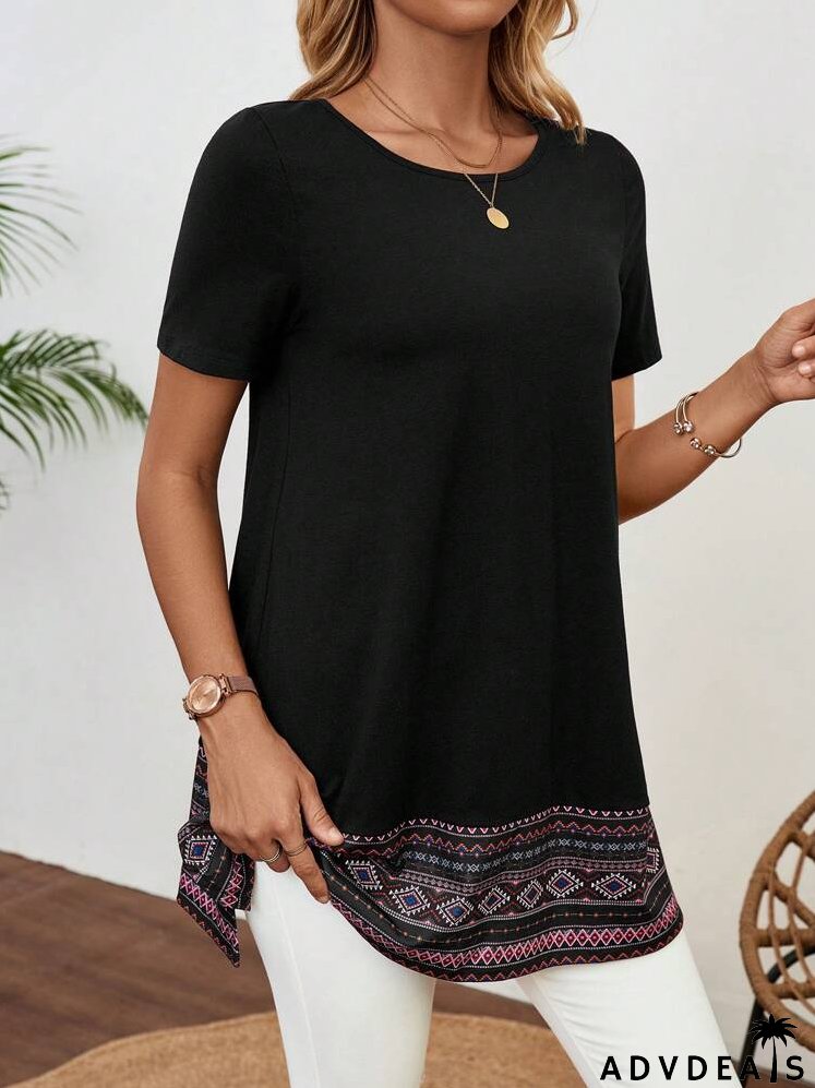 Geo Print Round Neck Tee For Summer