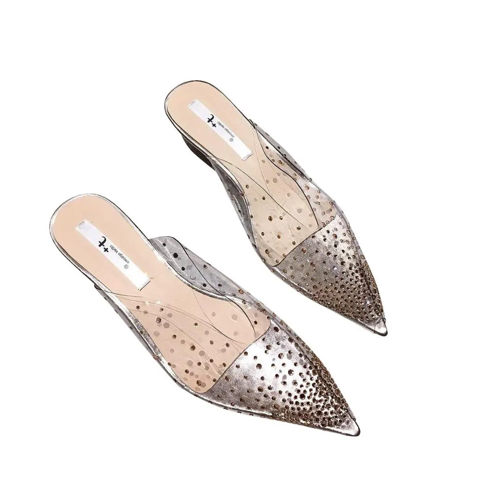 2020 NEW Outer wear Women Slides Pointed toe Woman Summer Shoes Joker Rhinestone Med Heel Mules Gold SIlver