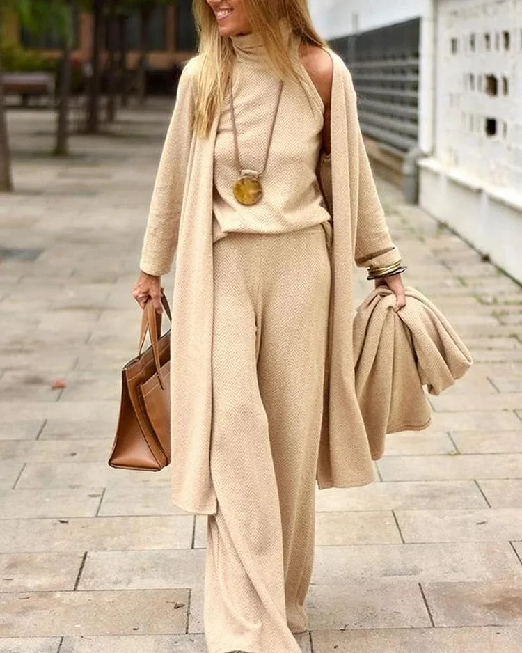 Beige Sweater Three-Piece Suit