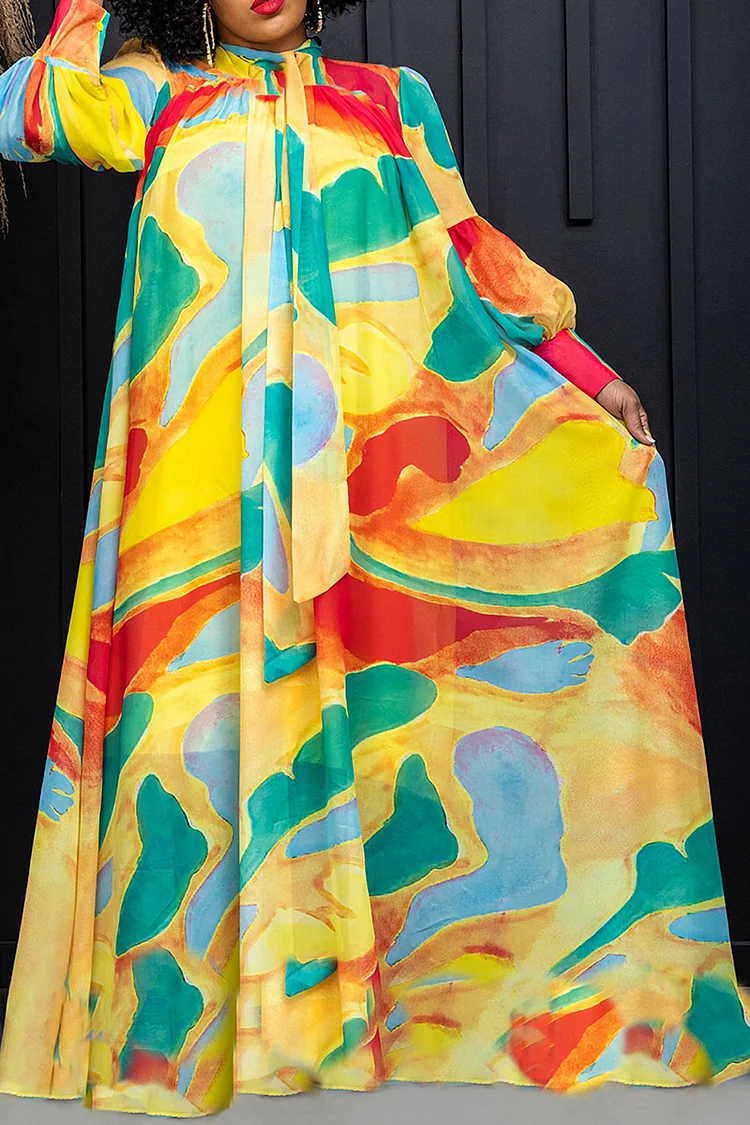 Plus Size Yellow Daily Floral Print Long Sleeve Boho Maxi Dresses