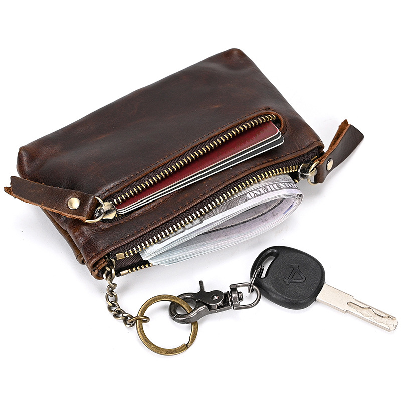Mature Women Retro Crazy Horse Leather Coin Purse With Key Ring