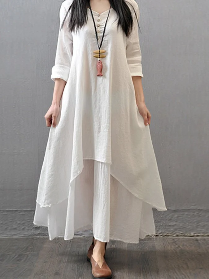 Ladies Cotton Linen Fake Two Piece Long Sleeve Dress socialshop
