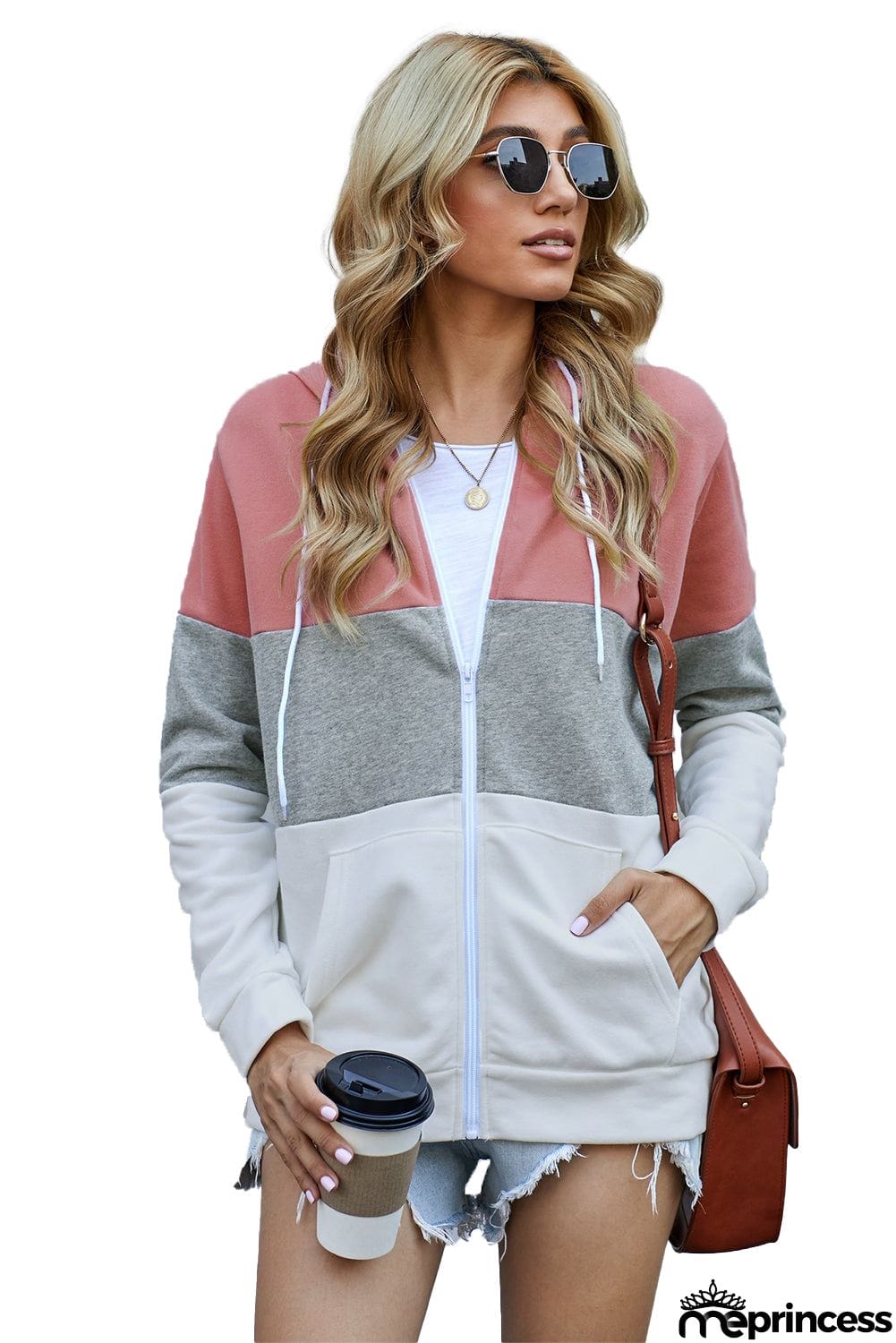 Zip Front Color Block Splicing Drawstring Hoodie