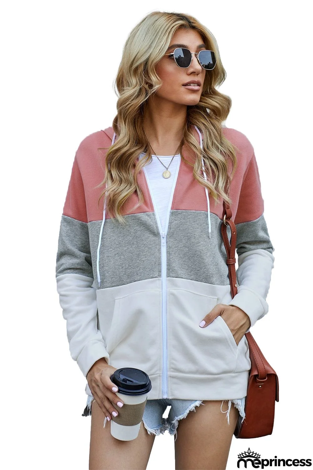 Zip Front Color Block Splicing Drawstring Hoodie