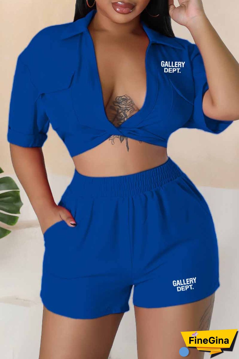 Blue Street Print Letter Turndown Collar Short Sleeve Two Pieces