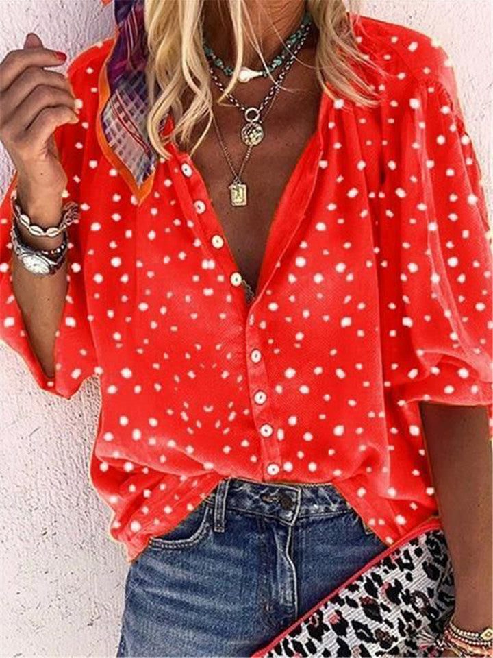  thdmladies Polka Dot Button-Up Collar Elbow Sleeve Shirts thedmladies