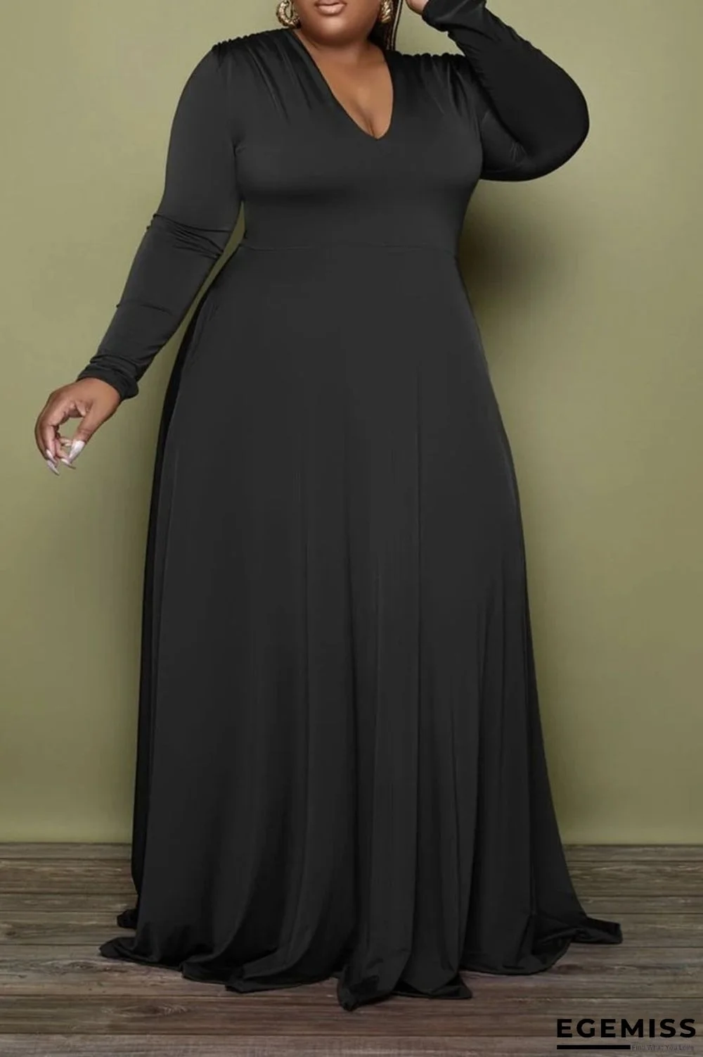 Black Casual Solid Patchwork V Neck A Line Plus Size Dresses | EGEMISS