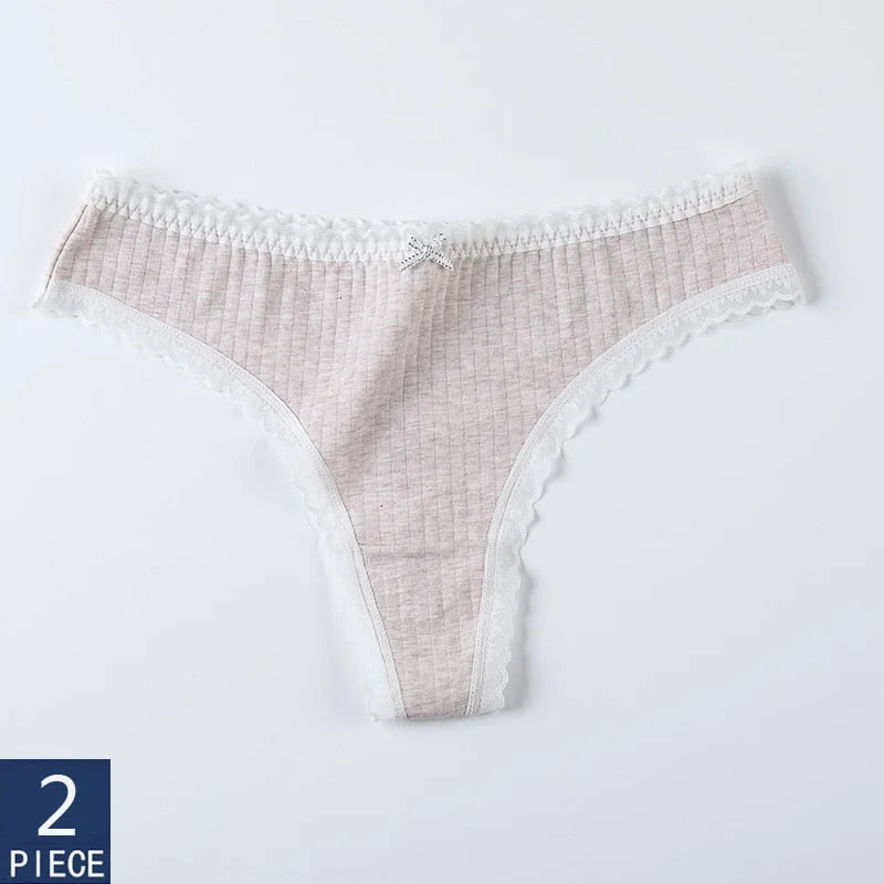 2 Pieces Women Panties Thongs Cotton Striped Underwear Comfortable Cute Low-Rise Ladies G-String Briefs Sexy Kawaii Lingerie