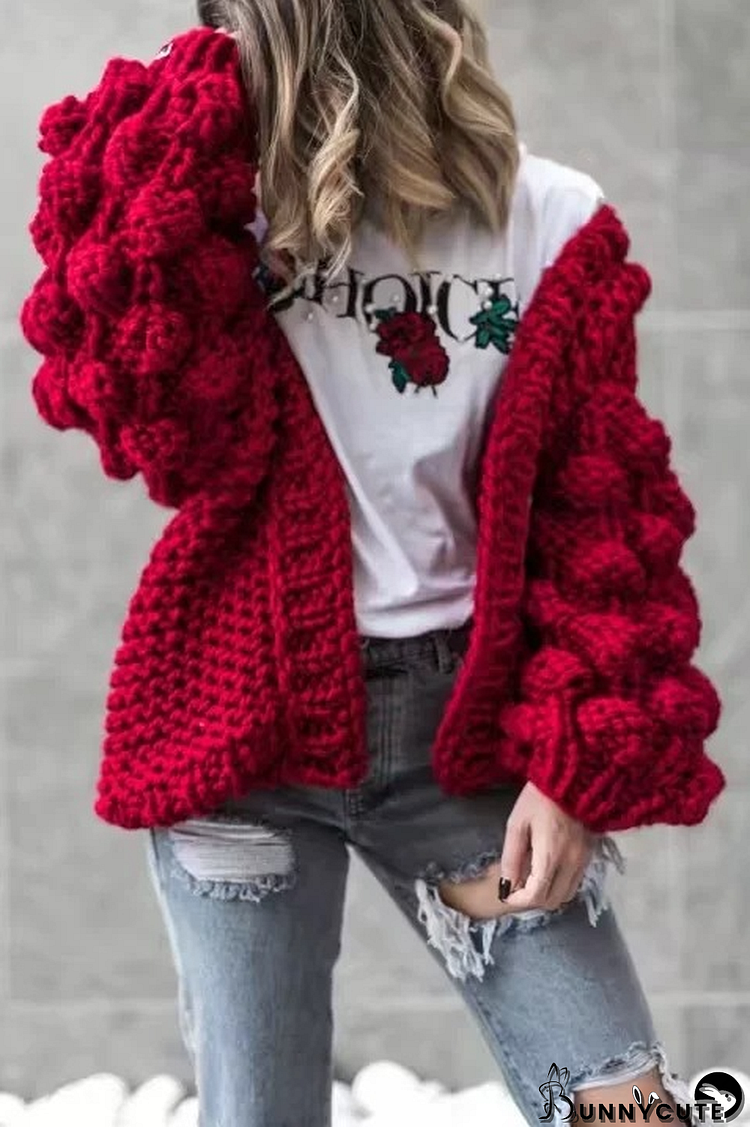 Lantern Sleeve Bubble Knitted Cardigan