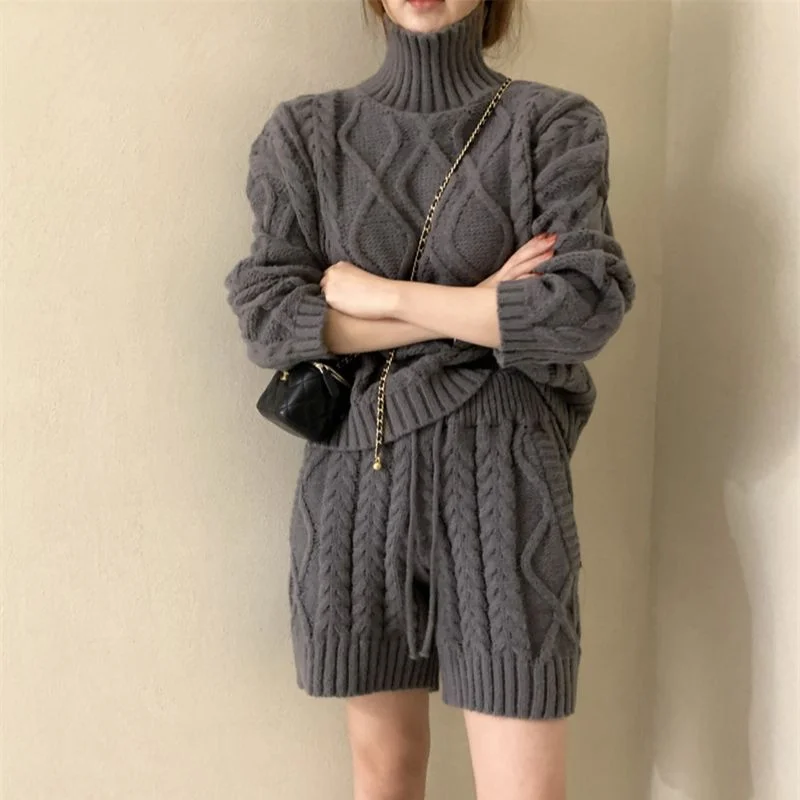 Winter Ladies Sweater Set Turtleneck Loose Pullovers & Elastic Waist Lace-up Shorts Women 2 Pieces Knitted Set
