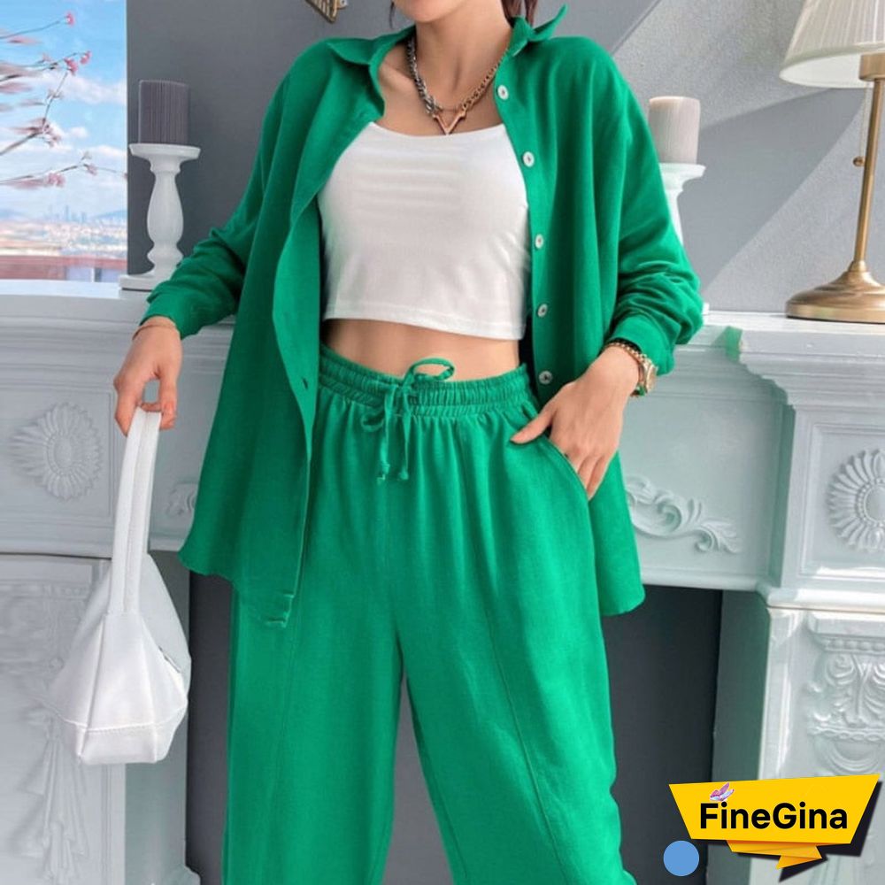 Fashion Street Solid Color Women Tracksuits Outfits Casual Suits Autumn Lapel Long Sleeve Shirt Tops + Harem Pants Two Piece Set