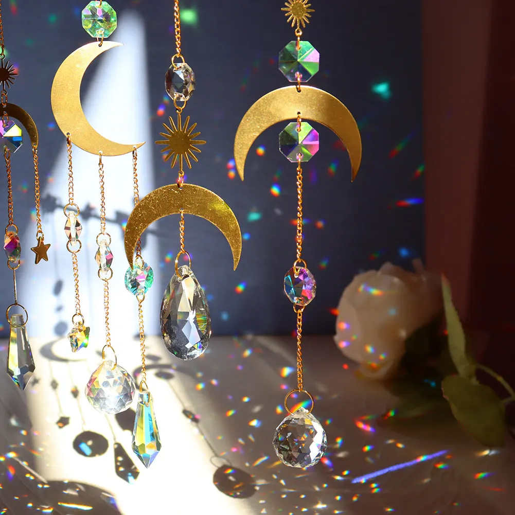 1/4pcs Hanging Crystal Light Catcher Metal Moon Sun Garden Wall Wind Chime