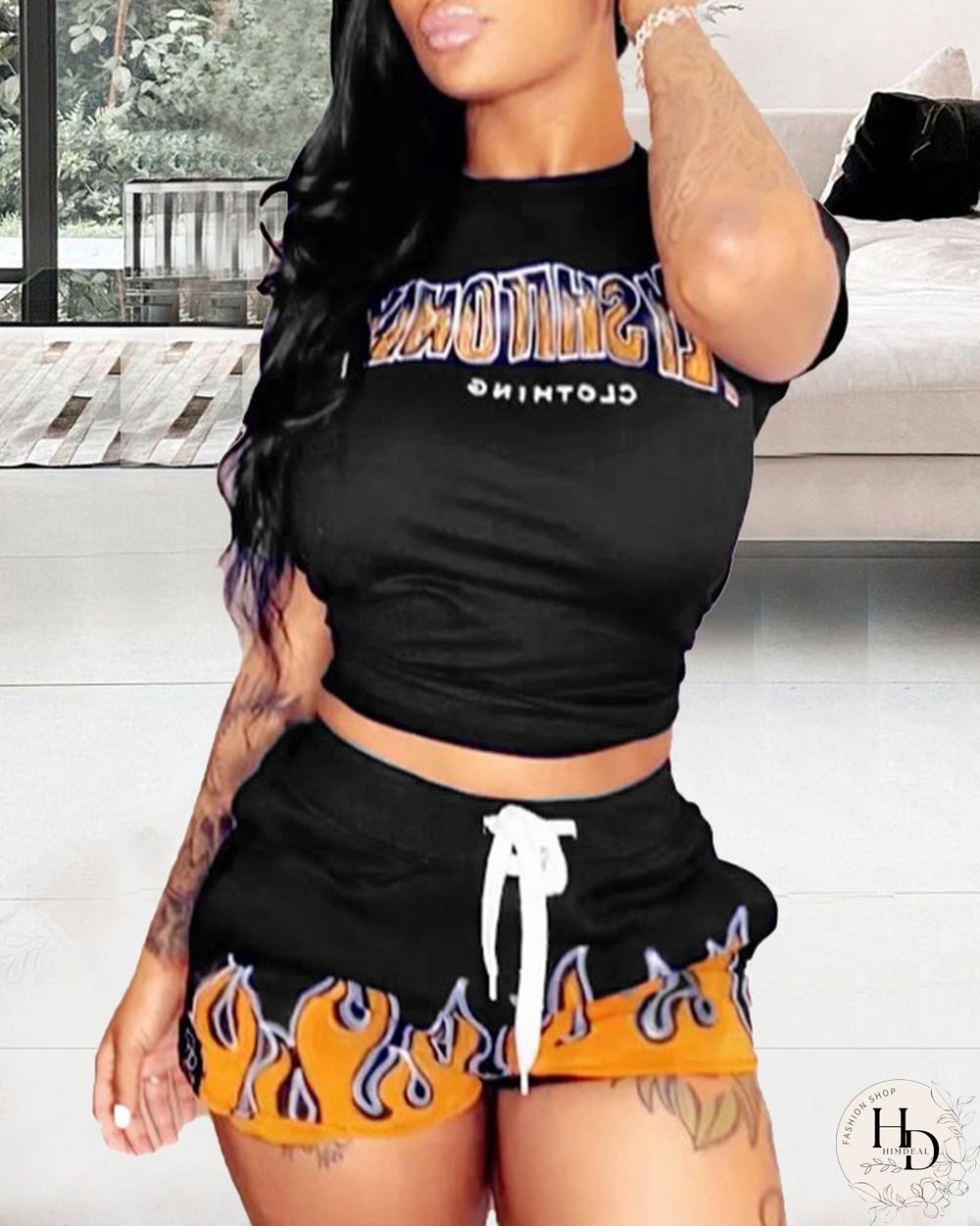 Letter & Flame Print Short Sleeve T-shirts With Shorts Suit Sets