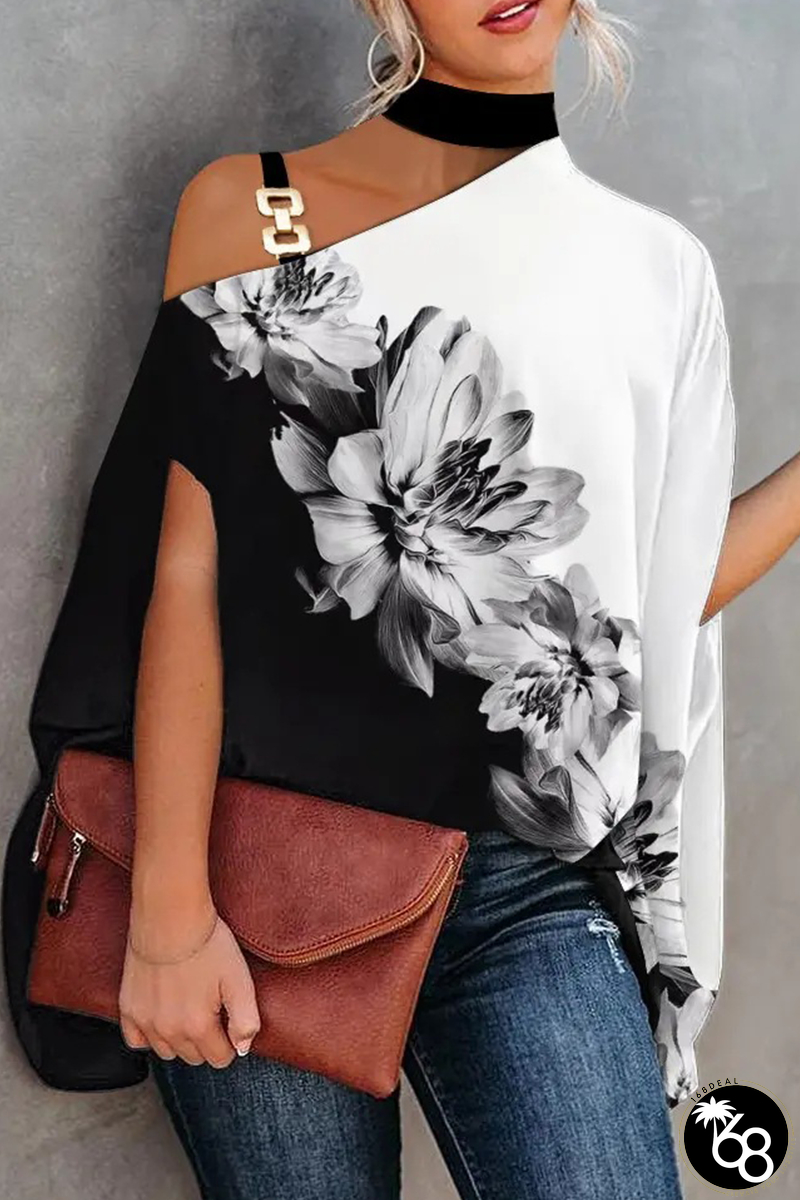 Fashion Print Patchwork One Shoulder Tops | 168DEAL