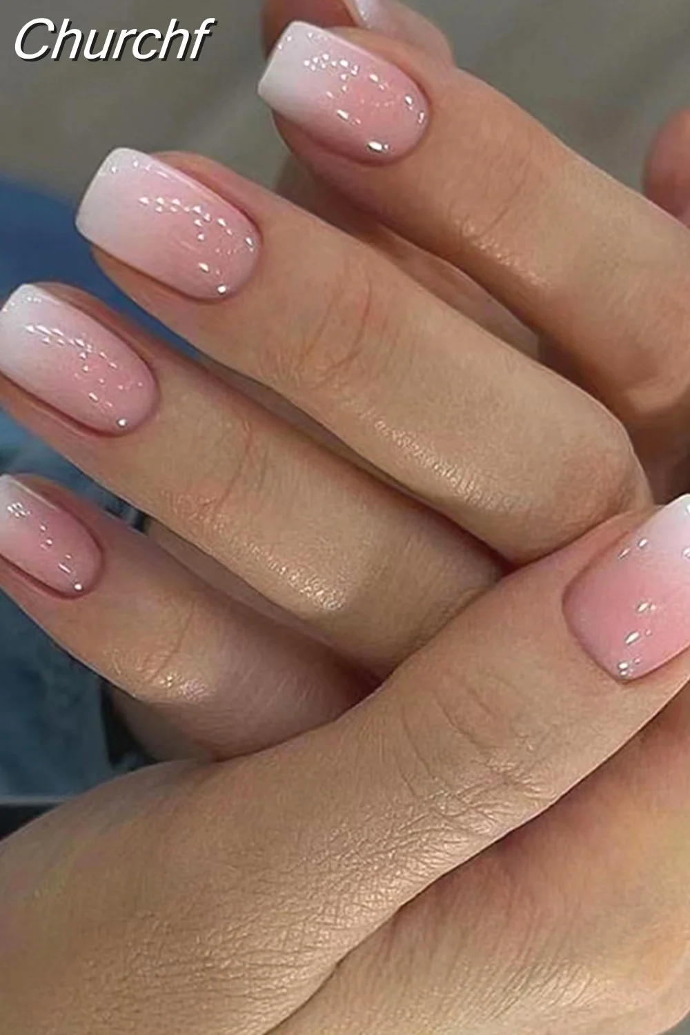 Churchf French White Side False Nails Wearable Rhinestone Desgin Fake Nails Short Simple Nail Full Cover Nail Tips Press On Nails-Nail Inspo