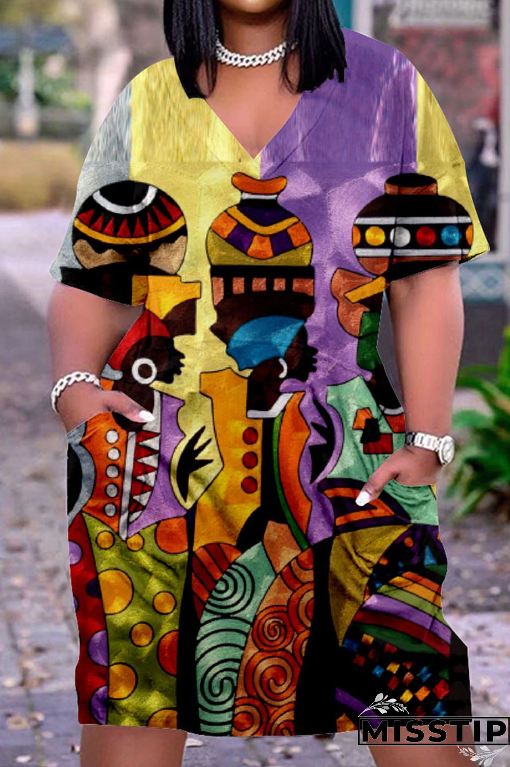 Yellow Brown Casual Street Print Patchwork V Neck Straight Dresses