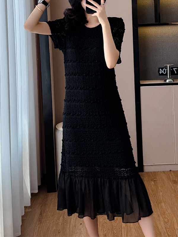 Lace Patchwork Mesh Solid Color Midi Dress