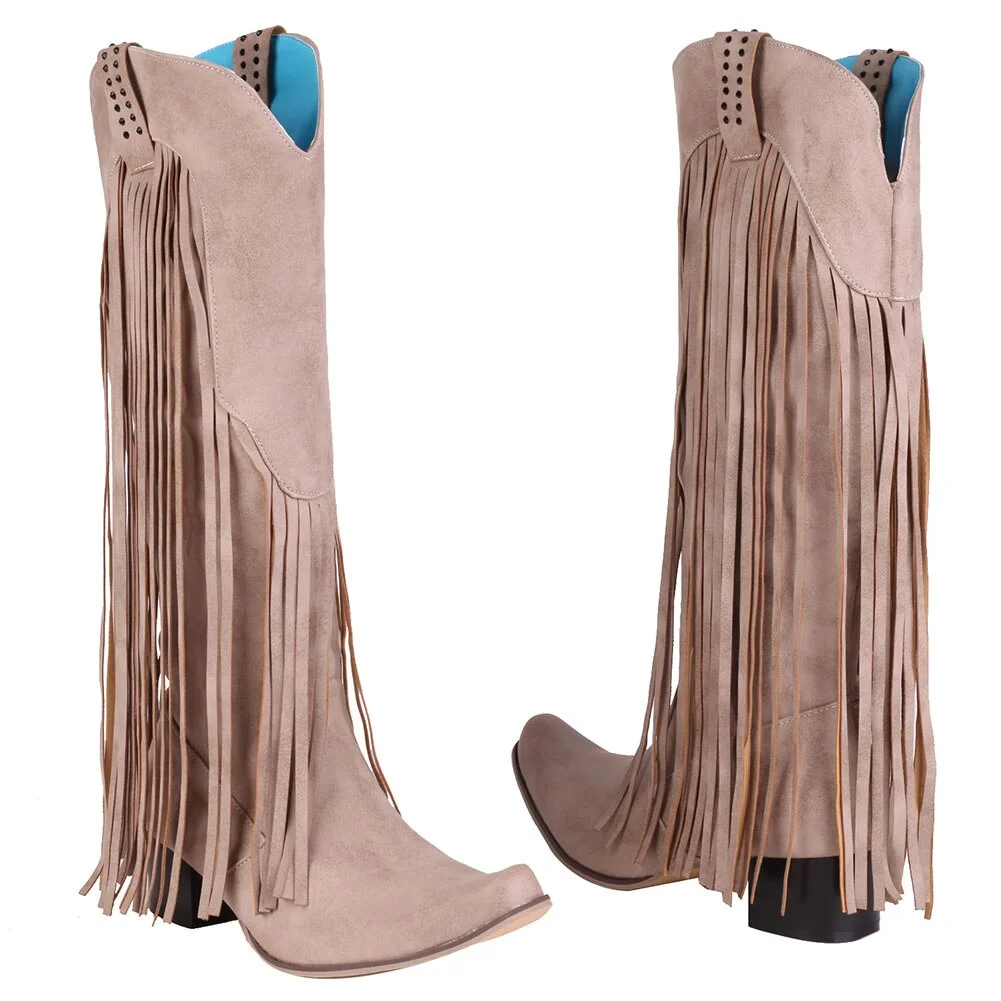 Qengg New Arrival Cowboy Western Long knee-high Boots Women Stacked Heeled Fringe Retro Casual Ridding Boots Autumn Shoes