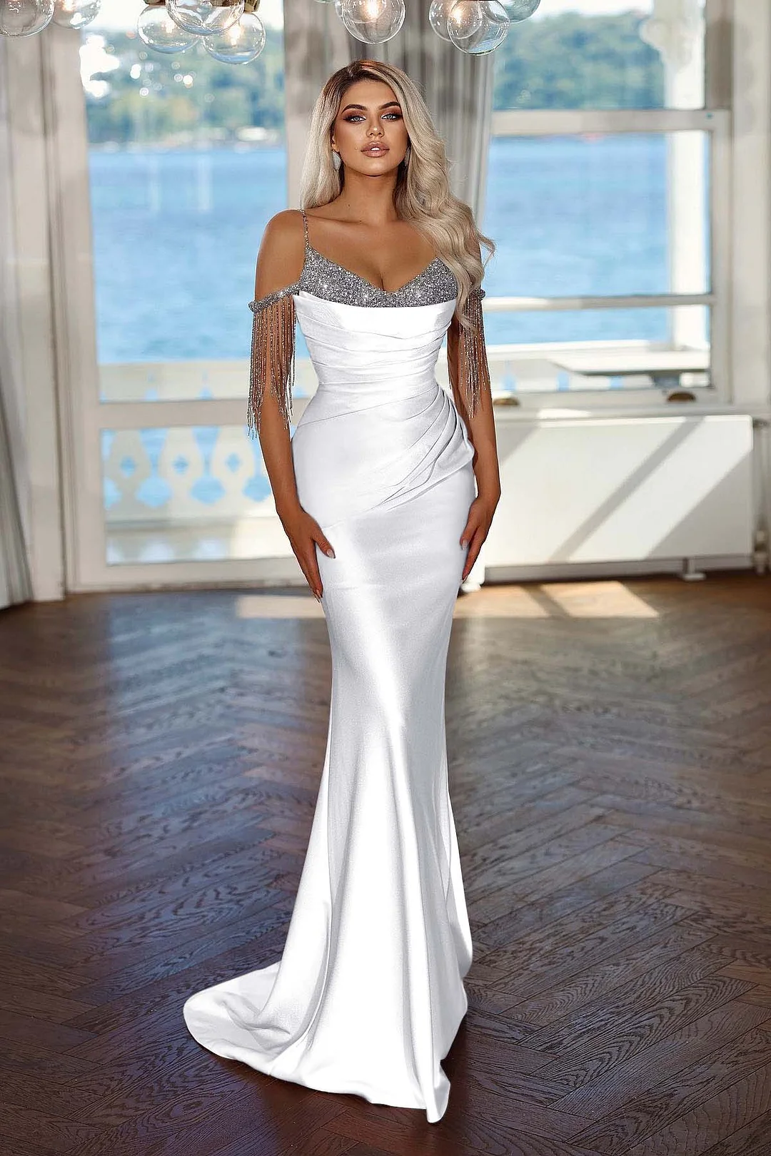 Elegant Lavender long evening dress Spaghetti strap with Pleated Sequins Tassel