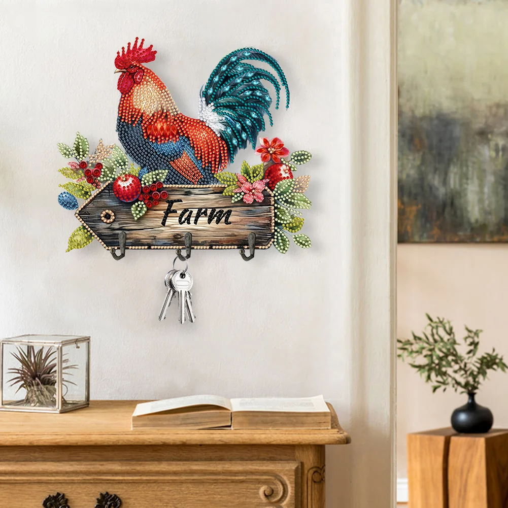 DIY Farm Rooster Wooden Diamond Painting Hanging Hooks for Beginners Adults(24*20cm)