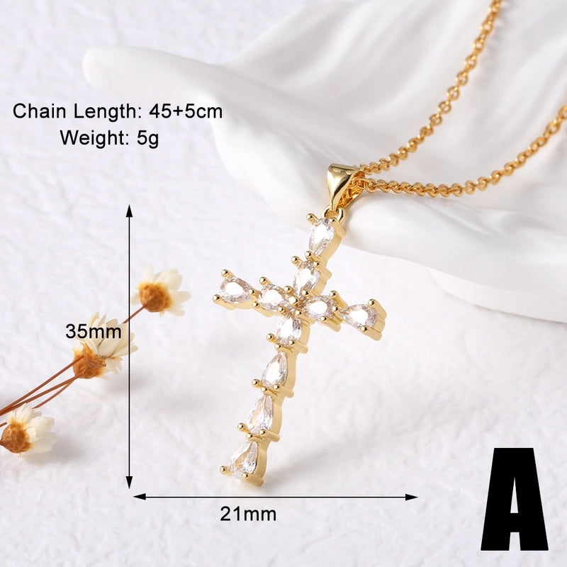 201 Stainless Steel Copper Cable Chain Box Chain 18K Gold Plated Inlay Cross Zircon Pendant Necklace