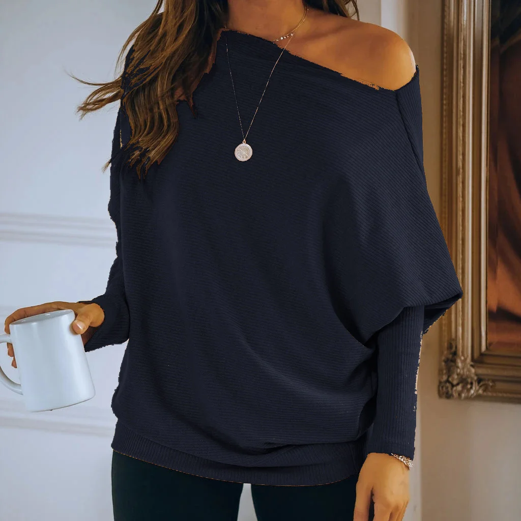 Sloping Shoulder Long-Sleeved Loose Knit Pullover Sweater