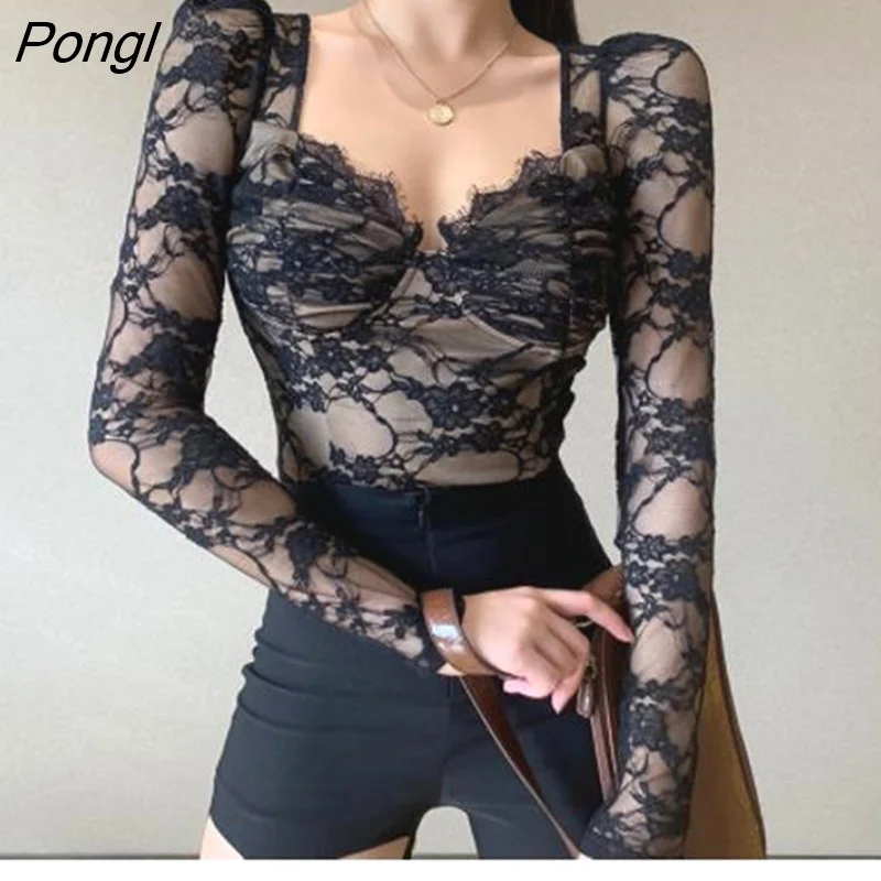 Pongl Women Sexy Hollow Out Slim Fit Lace Floral Long Sleeve V-Neck Casual Round Neck T-Shirt Black Tops