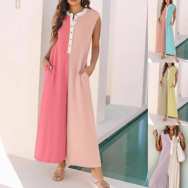 Women's Casual Wide-Leg Color Block Jumpsuit 
